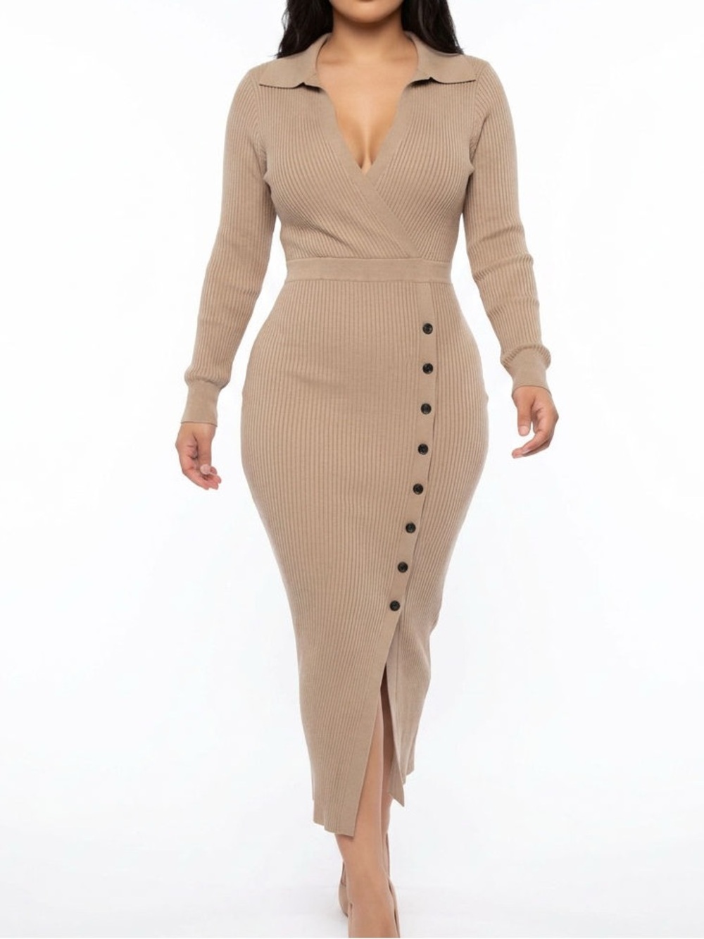 Louis Feraud Ribbed Collared Midi Dress in Beige